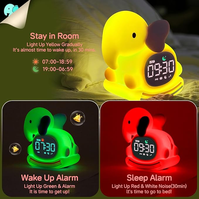 Alarm Clock for Kids with Night Light, Sleep Training Clock Time to Wake Clock, Rechargeable Silicone Light for Bedroom, Perfect Sleep Companion for Boys Girls, Pink Elephant