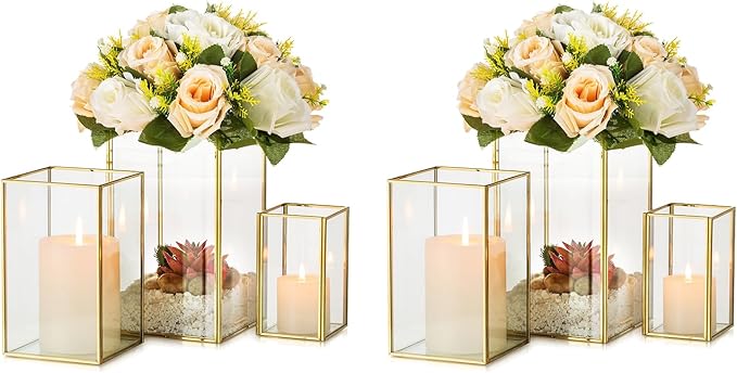 Glass Hurricane Candle Holder Large - Hewory 6pcs Gold Rectangle Flower Holders Centerpiece for Table, Tall Floor Square Pillar Candle Lantern for Wedding, Anniversary, Party, Fireplace, Dining Room