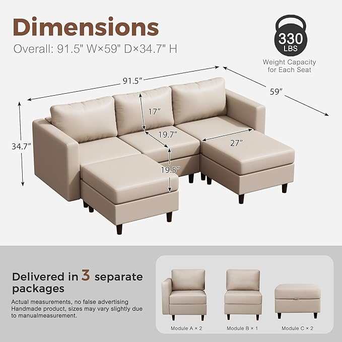 91.5" Faux Leather U Shaped Modular Sectional Sofa, 5 Seater Couch with Movable Ottoman Deep Seat and Storage Seat with Removable Cover for Living Room, Apartment - Whitesand