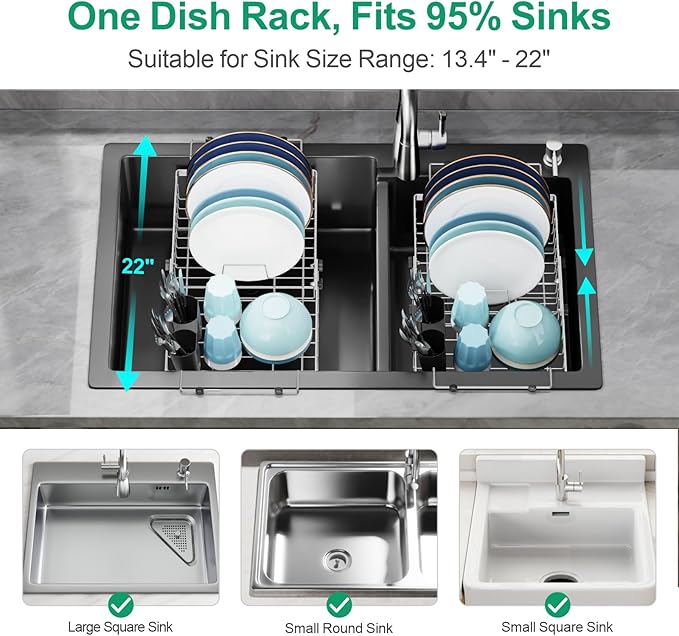 GSlife Expandable in Sink Dish Drying Rack - Stainless Steel Capacity Adjustable Over The Sink Dish Rack (13.4''-20.4''), Dish Drainer for Kitchen Sink Counter with Utensil Holder, Silver