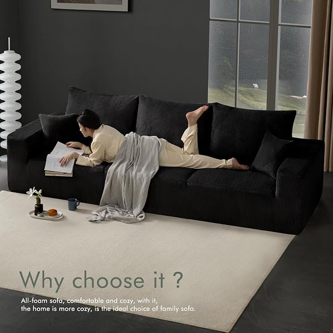 Boneless Sectional Cloud Couch Sofa for Living Room, 112" L-Shaped Modular Modern Lounge Sleeper Black Couches with Chaise, No Assemble, Cordury Compression Upholstered Sofas