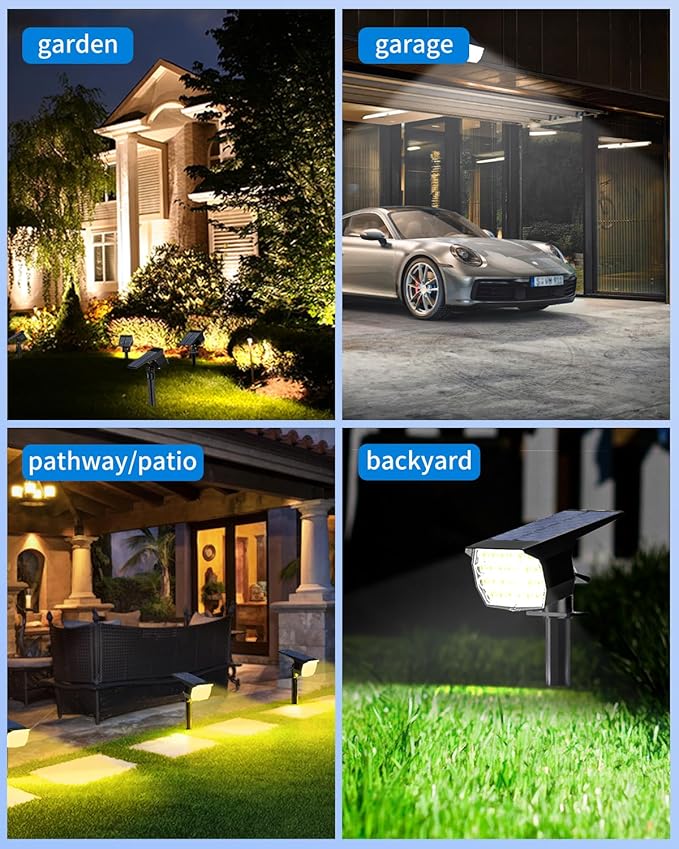 3 Colors Solar Lights Outdoor Waterproof IP65 Outdoor Spot Lights for Yard 52 LEDs 600LM Solar Powered Landscape Spotlights Solar Security Wall Lights for Garden Pathway Outside- 2 Pack