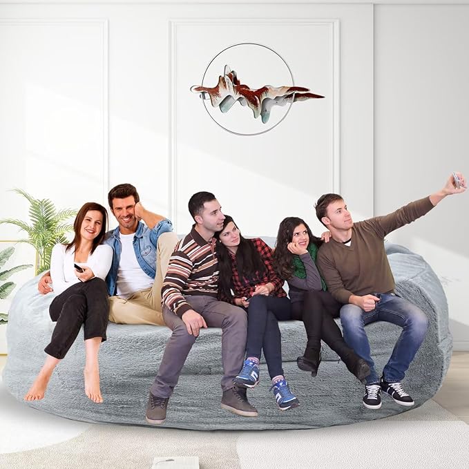 Bean Bag Chair for Adults 8FT,Soft Removable Cover for Teens/Girls Bedroom,Fluffy Giant Round Floor Beanbag Lounger Chairs (No Filler,Light Gray)