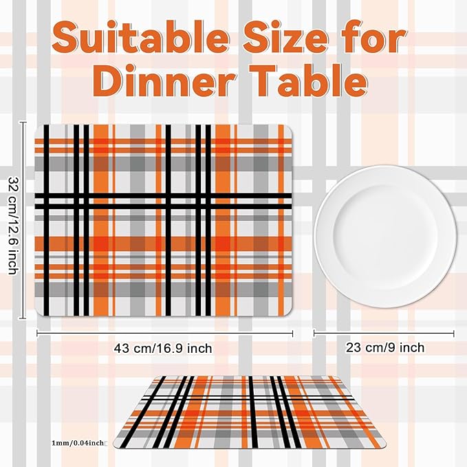 Fall Placemats Set of 6 Fall Orange Black Buffalo Plaid Plastic Table Mats Autumn Thanksgiving Place Mats Halloween Seasonal Table Decoration for Indoor Outdoor Party Kitchen Dining