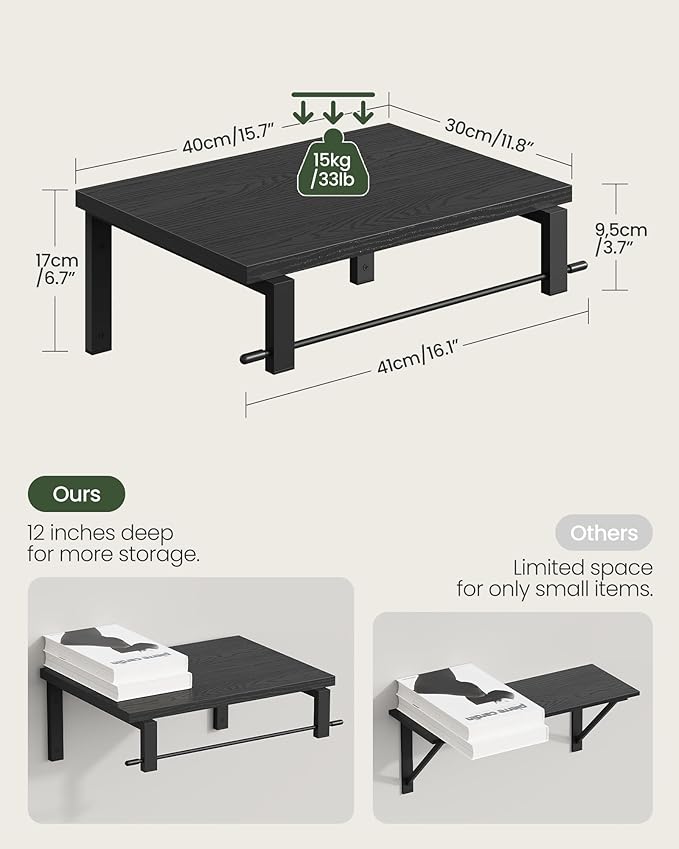 Deep Floating Shelves for Wall, 12 inch Wall Mounted Shelves Set of 2, Wide Floating Shelves for Living Room, Bedroom, Study, Bathroom, Black TBJ02P2BB