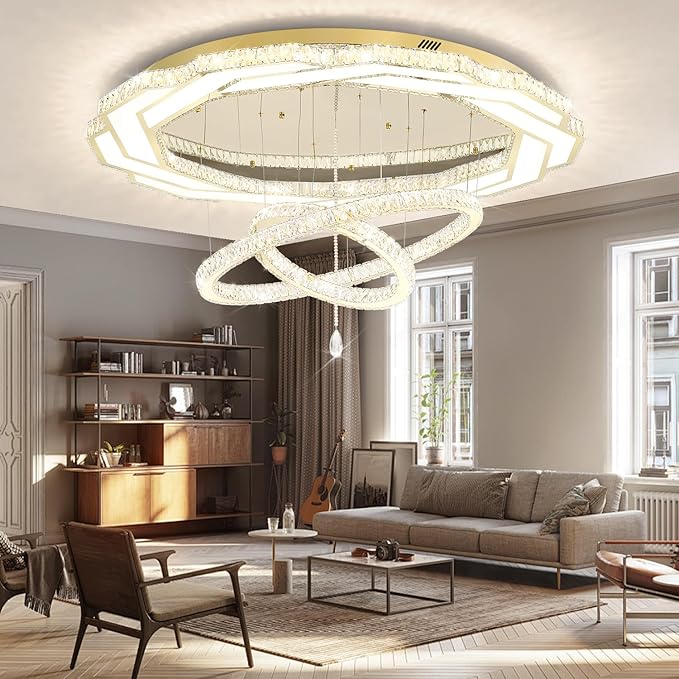 Flashing God Extra Large Chandelier Dia 55" Gold Chandeliers Flush Mount Chandelier for Living Room Bedroom Dining Room Hallway Dimmable 3 Rings Chandeliers