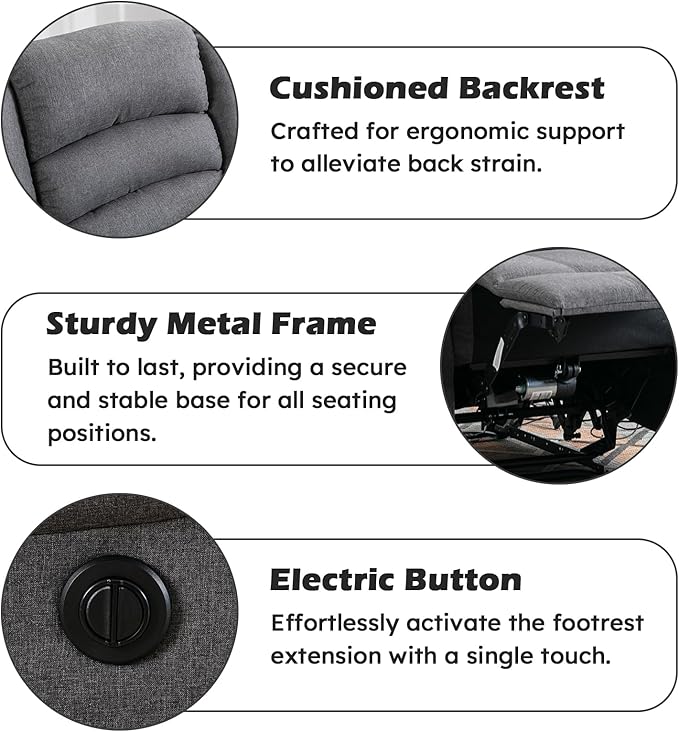 EBELLO Classic Power Recliner Chair, Oversized Electric Reclining Chair with Overstuffed Cushion and Back, Soft Fabric Adults Single Recliner Sofa for Living Room, Grey