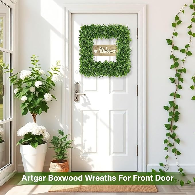 Artgar 20Inch Boxwood Wreath, Spring Wreaths for Front Door, Realistic Green Square Boxwood Wreath for Year-Round Decor, Artificial Summer Wreaths for Wedding Farmhouse Indoor/Outdoor Porch Decor