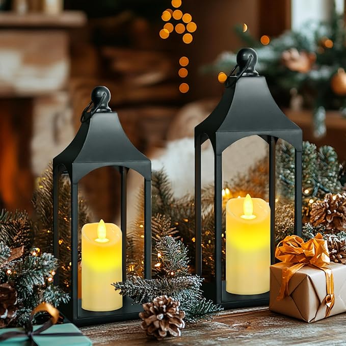 Eufrozy Lanterns Decorative Outdoor Indoor Set of 2 Black Metal Candle Lanterns with Flameless Candle, Modern Farmhouse Lantern Decor for Porch Patio Fireplace Mantle Kitchen Table Christmas Gifts