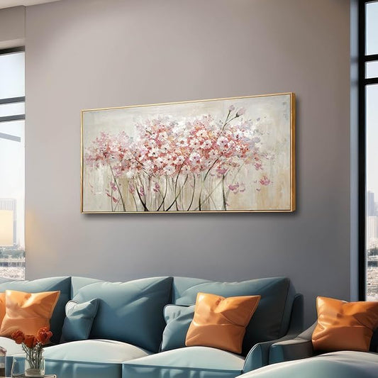 Flower Wall Art Framed Beige Canvas Paintings Colorful Wall Decor 24"x48" Art Posters Pictures for Dining Room Office Hotel