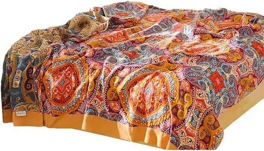 Boho Muslin Blanket for Adults 4-Layer Gauze 80 x 90 Inches Soft Cozy 100% Cotton Summer Cooling Blanket Geometric Floral Decor for Sofa Bed Coverlet Both Sides (A Boho Figure Orange, 80 x 90 in)