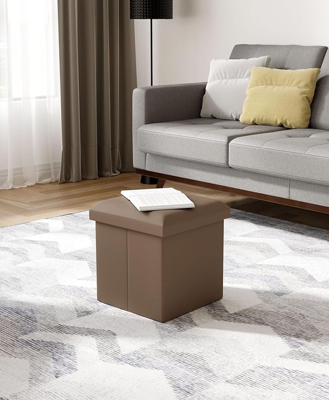 15 Inches Small Folding Storage Ottoman Cube, Storage Footrest, Foot Rest Stool, for Living Room, Bedroom, Dorm, Hallway, Entryway, Brown