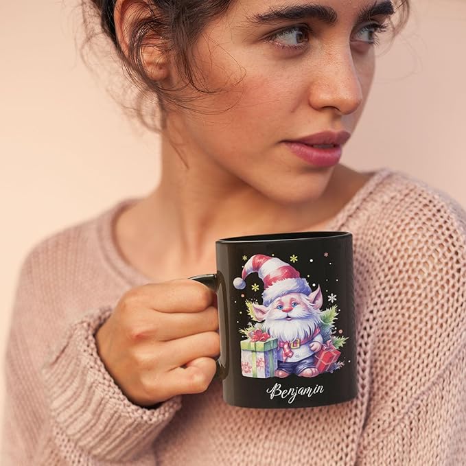 Cute Gnome And Gifts Design Mug, Customized Christmas Gnome Black Cup 11oz 15oz, Gnome Lover Coffee Mug With Custom Name, Gift For Children, Personalized Xmas Gnome Ceramic Cup