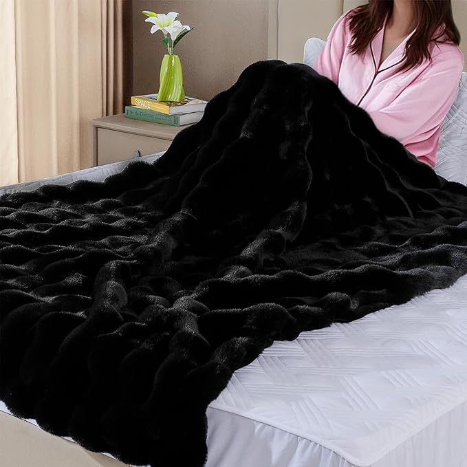 Black Fluffy Thick Fur Throw Blanket 50x60 for Bed Couch Office Chair Bunny Soft Blanket for Adults Gift Home Living Room Decorative Decor 860 GSM