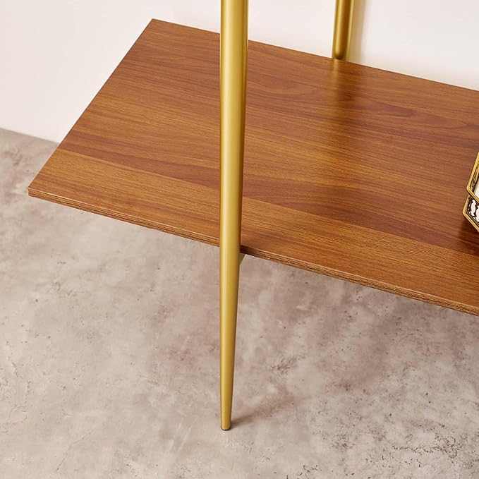 Extra Large Glass Console Table for Living Room, Foyer & Entrance, L47 x W16 x H31, Mid-Century Modern Sofa Table with Amber Glass Top, Walnut Finish Wood Top and Gold Finish Metal Frame