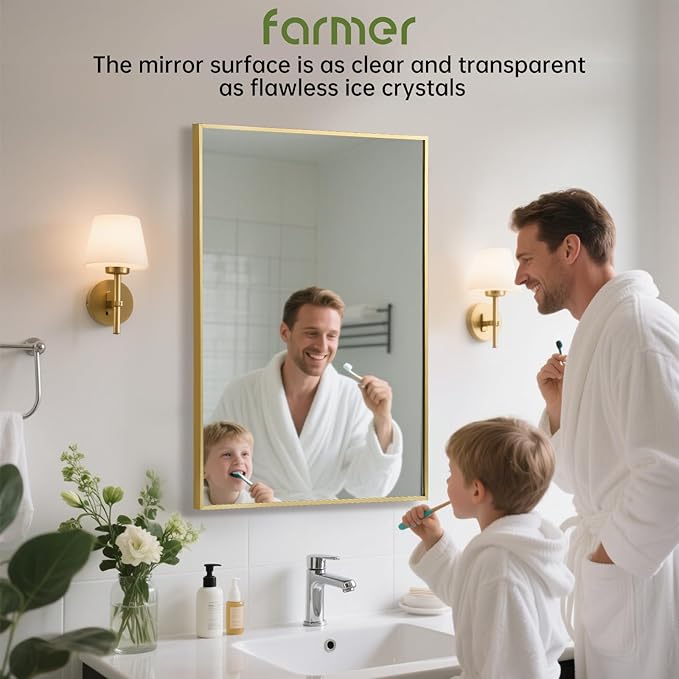 FARMER 26x38 Inch Gold Bathroom Mirror, Rectangle Wall Mounted Mirror, Vanity Mirror, Brushed Square Mirror, Framed Bathroom Mirror for Bedrooms, Entryways, Living Rooms, Horizontal/Vertical