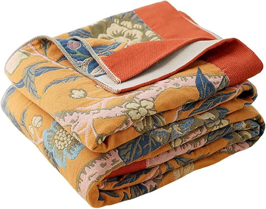 Boho Muslin Blanket for Adults 4-Layer Gauze Twin Size Soft Cozy 100% Cotton Summer Cooling Blanket Floral Decor for Sofa Bed Coverlet Both Sides (Flowr Branch Orange, Twin 60 x 80 in)