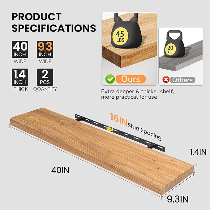 Floating Shelves for Wall, 40"W x 9.3"D x 1.5"H Rustic Solid Elm Wood Wall Shelves, Set of 2 with Invisible Heavy-Duty Metal Bracket, Deep Floating Shelf for Living Room Kitchen, Natural Finish