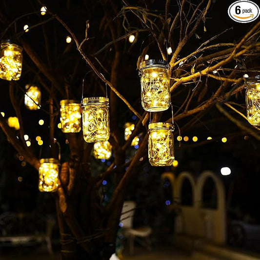 Cooo 6 Pack Solar Lanterns Outdoor Waterproof Upgraded Crystal Glass Solar Mason Jar Lights 30 LED 215% Larger SolarPanel, Anti-Rust Lid Hanging Outdoor Lanterns for Patio Garden Porch