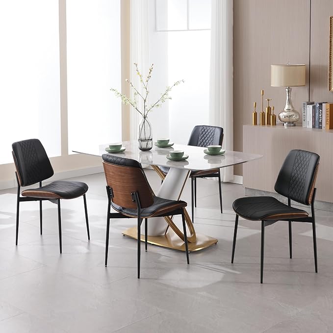 BV Dining Chairs Set of 4, PU Leather Armless Kitchen Chair in Modern Walnut Style, Mid Century Bentwood Side Chair with Metal Legs, Retro Accent Guest Chair for Kitchen Dining Room(Black)