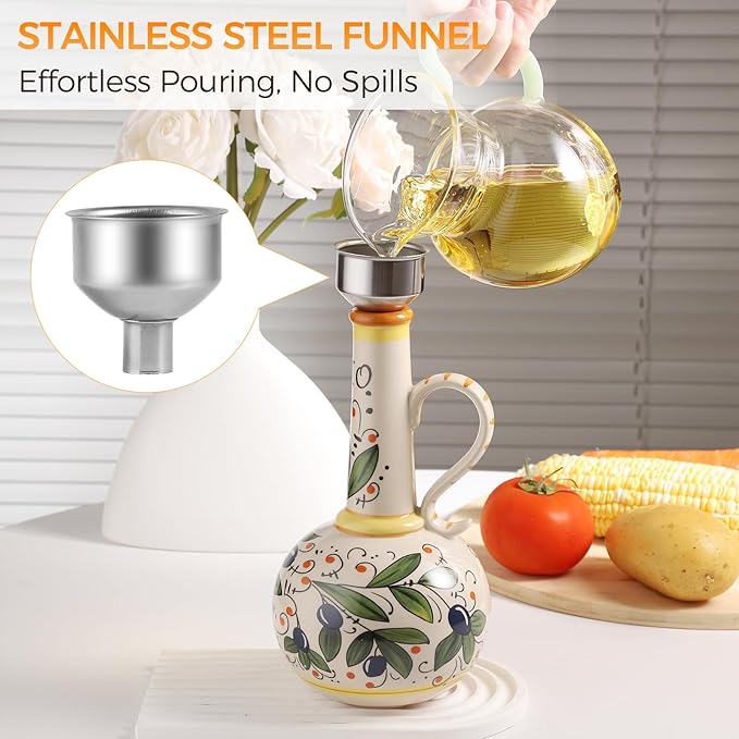 Ceramic Olive Oil Dispenser Bottle 23oz with Handles, Hand Painted Multi-Use Oil Cruet & Flower Vase, Decorative Stoneware Kitchen Cruet with Stainless Steel Spout for Oils, Sauces, Vinegar (A)