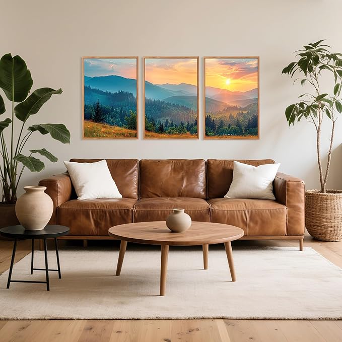 Aurlan Boho Mountain Sunset Landscape Framed Wall Art(16"x24"), 3PCS Green Blue Ridge Grand Teton National Park Canvas Artwork, Abstract Modern Watercolor Nature Forest Scenery Decor for Home Office Bedroom