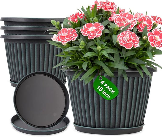 10 Inch Planter-Pots-for-Plants-Indoor-Outdoor, 4 Pack Plastic Flower Pots with Saucer & Drainage Holes, Modern Decorative Resin Garden Pots