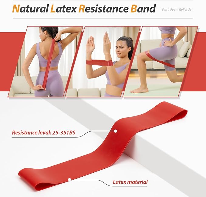 5 in1 Foam Roller Set, Trigger Point Foam Roller, Massage Roller Stick, Massage Ball, Resistance Band for Deep Muscle Massage Pilates Yoga,Fitness Exercise for Whole Body (Pure Orange)