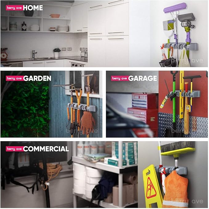 Combo 5 Slot Broom Holder w/ 1 Self Adhesive Mop Gripper No-Drilling, Wall Mount Tool Organizers For Kitchen, Garage, Laundry Room- Anti-Slip Hanger For Brooms, Mops, Rakes, Dustpans (Grey / White)