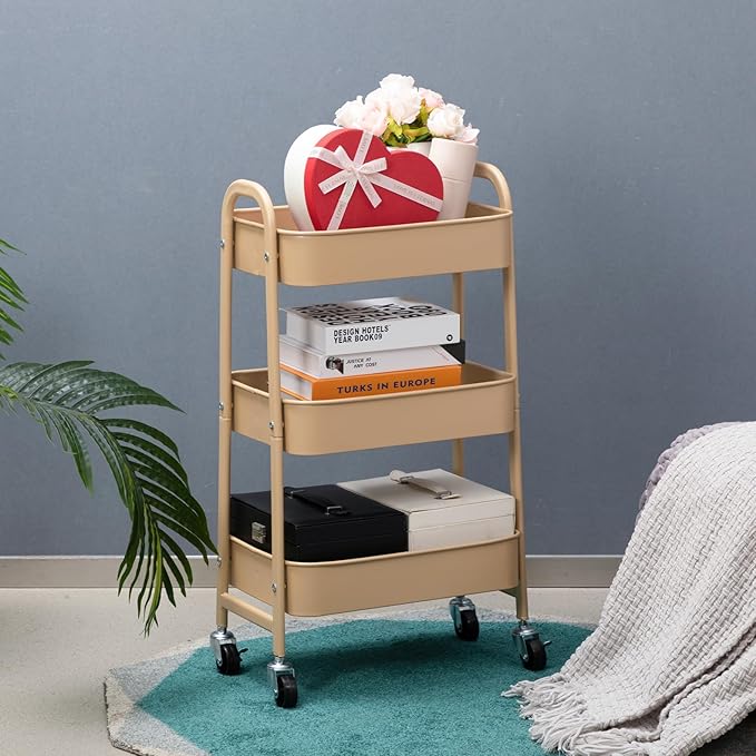 AGTEK Makeup Cart, Movable Rolling Organizer Cart, 3 Tier Metal Utility Cart with Lockable Wheels for Home & Office, Golden