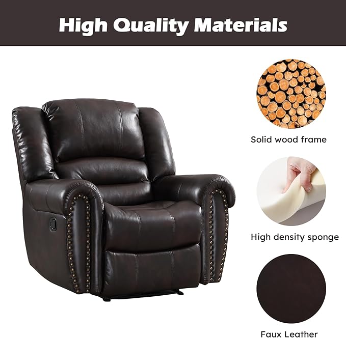 CANMOV Leather Recliner Chair Set of 2, Classic and Traditional Manual Recliner Chair with Comfortable Arms and Back,Manual Single Recliner Sofa for Living Room, Dark Brown