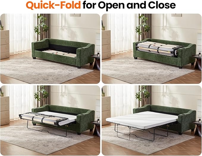 CHIC HOUSE Pull Out Sofa Bed, Full Size Sleeper Sofa, 2-in-1 Convertible Corduroy Couch with USB Charging, Memory Form Couch for Living Room, Apartment and Small Space (Green, Chenille - Queen Size)