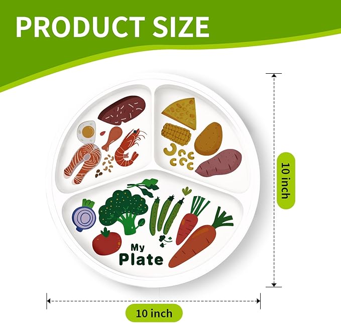 10" 3-Grid Cute Cartoon Portion Control Plate - Melamine, Healthy Nutrition for Weight Loss & Diabetes Management, Ideal for Adults & Teens Kids (2 Pack)