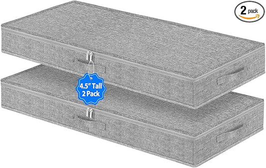 2 Pack Low Profile Under Bed Storage Containers 4.5 Inch Height, Shallow Underbed Couch Storage Organizer With Sturdy Sidewalls/Bottom, Thin Underbed Storage Bins For Clothes Dorm Dresser Sofa- Grey