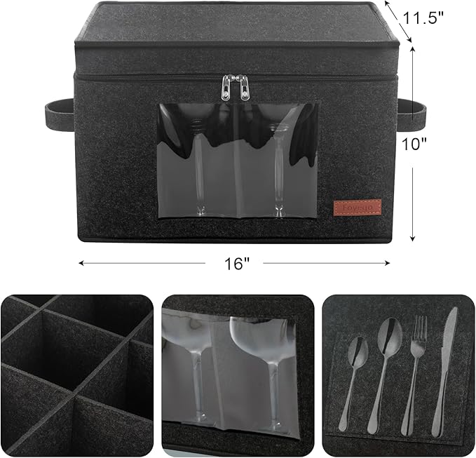 2 Pack Wine Glass Storage Box with Dividers, Stemware Storage Containers for Packing and Moving, China Storage Containers Box for 12 Crystal Glassware, Wine Glasses, Drinkware,Dark Gray