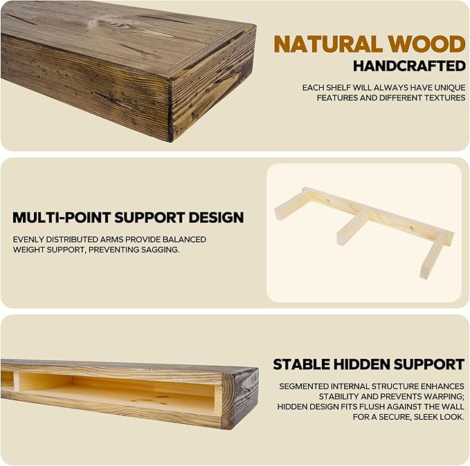 Floating Shelves 3 inch Thick for Wall Set of 2,Solid Pine Wood Wall Mount Shelf for Kitchen Living Room Bedroom Bathroom,8" D x 24" L x 3" H-Distressed Black Walnut