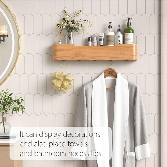 Coat Rack Wall Mount with Hidden Hooks Entryway Hanging Shelf Modern Wood Coat Hanger for Bedroom Kitchen Hallway Bathroom (Oak, 20.9 Inch Long)