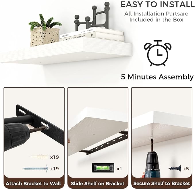 Floating Shelves for Wall, 2 Large Wall Mounted Shelves with Invisible Brackets, Long Wood Floating Wall Shelf Shelves for Living Room, Bedroom, Kitchen, (White, 36" W x 9" D x 1.5" H)