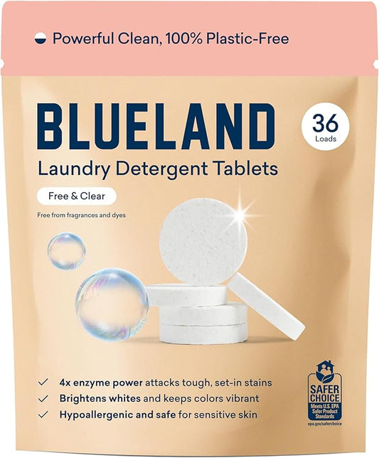 BLUELAND Laundry Detergent Tablets, 36 Count, Plastic-Free Eco-Friendly Pods, Sheets, Liquid Alternative - Fragrance Free and Clear, Natural, Gentle