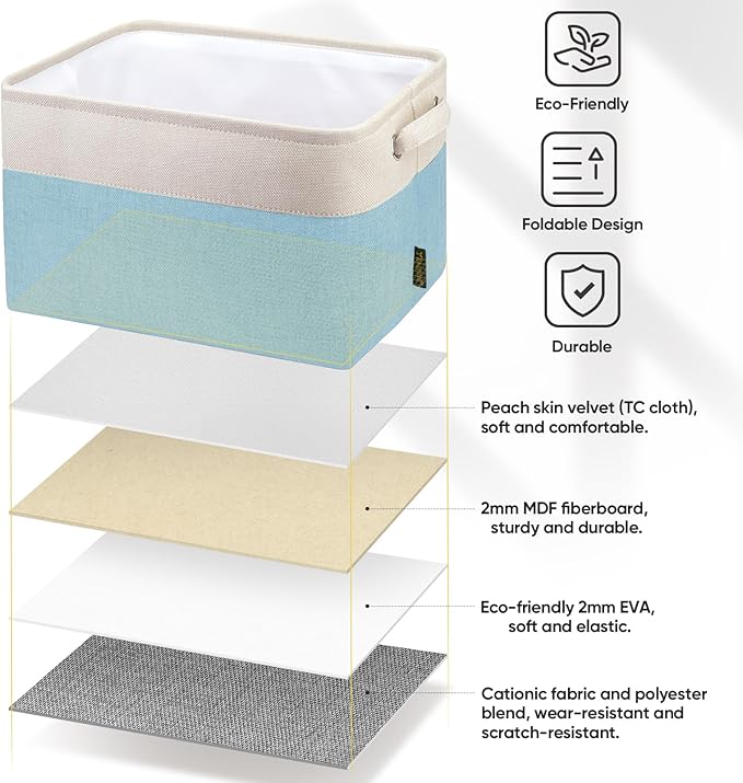 BALEINE 3 Pack Fabric Storage Bins for Shelves, Linen Storage Baskets for Organizing, Decorative Closet Bins for Clothes, Home (Skyblue, 12"x8"x8")