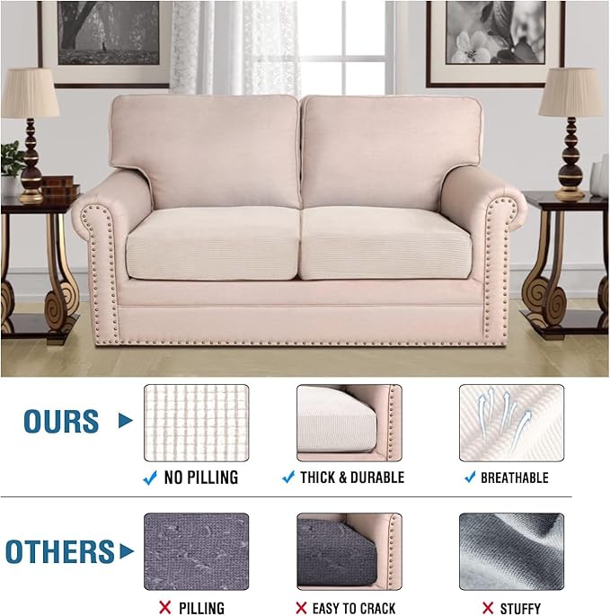 H.VERSAILTEX Super Stretch Individual Seat Cushion Covers Sofa Covers Couch Cushion Covers Slipcover Sets Thick Jacquard Textured Twill Fabric (2 Piece Medium Sofa Cushion Covers, Ivory)