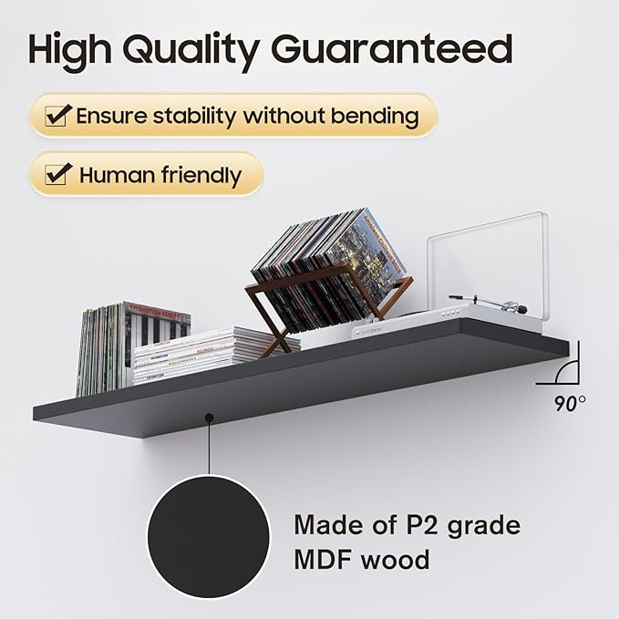 Floating Shelf, Set of 2 Wall Shelf, 36 in W x 12.75 in D x 2 in H Wooden Floating Wall Shelf with Invisible Brackets for Living Room/Bedroom/Bathroom/Kitchen Storage and Decor, Black