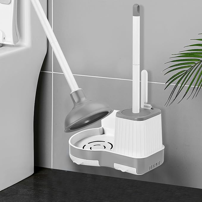 2 Pack Toilet Brush and Plunger Set, 3 in 1 Toilet Bowl Brush and Holder with Crevice Cleaning Brush Wall Mounted Household Bathroom Cleaning Tools Combo(2)