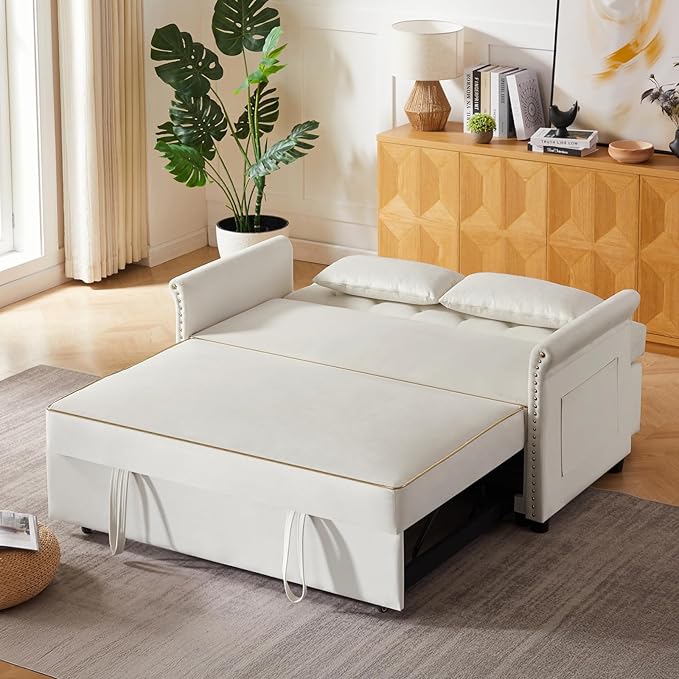 58" Velvet Sofa Bed, 3-in-1 Convertible Pull-Out Sleeper Sofa & Couch with Storage Bag and Adjustable Backrest,Perfect for Small Spaces, Living Room, or Office
