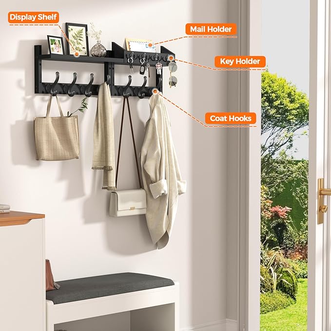 29" Coat Rack Wall Mount with Shelf, 4 in 1 Wall Mounted Coat and Key Hanger with 11 Hooks, Entryway Key Holder with Mail Holder for Living Room, Bedroom, Black