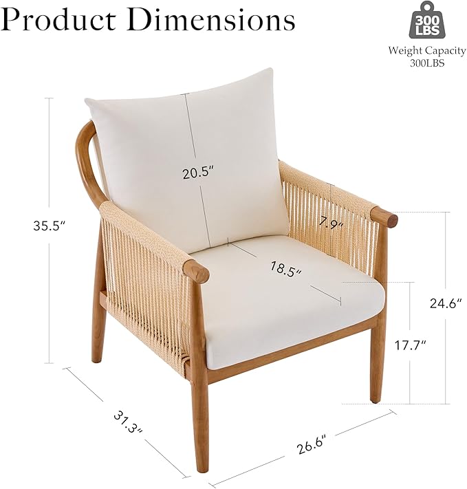 Braid Accent Chair for Living Room Bedroom Reading Room, Rattan Modern Boho Armchair with Solid Wooden Armrest & Frame and Cushions