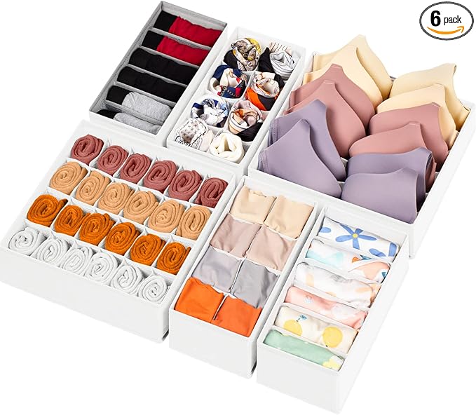 6 Pack Sock Underwear Drawer Organizer Dividers, 58 Cell Foldable Fabric Dresser Closet Organizers and Storage Bins for Clothing, Baby Clothes, Bra, Panty, Scarf, Ties (White)