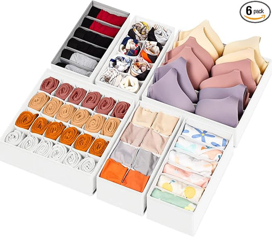 6 Pack Sock Underwear Drawer Organizer Dividers, 58 Cell Foldable Fabric Dresser Closet Organizers and Storage Bins for Clothing, Baby Clothes, Bra, Panty, Scarf, Ties (White)