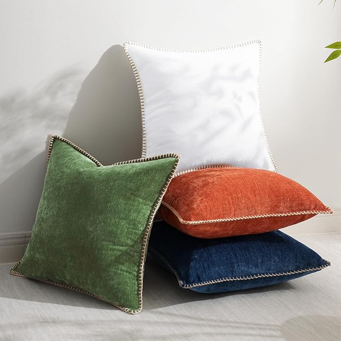 decorUhome Fall Chenille Soft Throw Pillow Covers 26x26 Set of 2, Farmhouse Velvet Neutral Decorative Euro Pillow Covers with Stitched Edge for Couch Sofa Bed Home Decor, Forest Elf