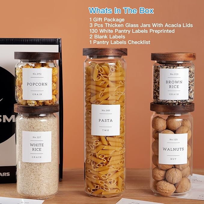 5 Set Glass Pantry Storage Jars with Acacia Airtight Lid - Thicken Glass Kitchen Canisters with 132 Pantry Labels - Clear Glass Food Storage Containers with Wood Lid for Tea,Sugar,Candy,Cookie,Pasta
